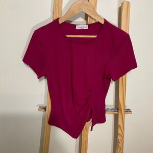 Rebellious Dreamer ruched, short sleeve crop top asymmetrical size large burgund